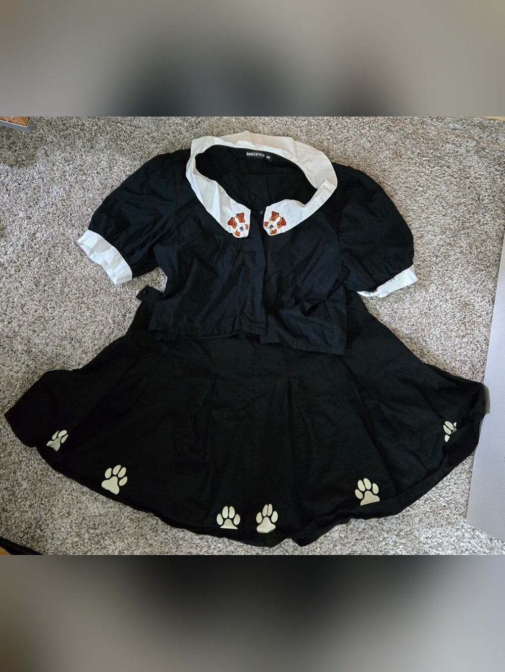Dangerfield Black Button Blouse Dog Collar and Skirt Paw Print Combo